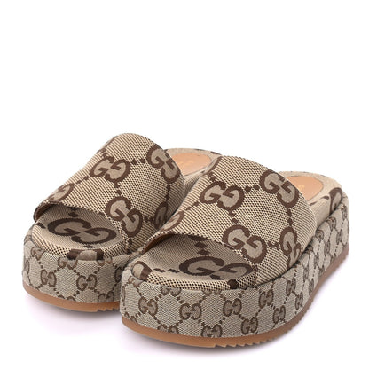 Gucci Monogram Maxi GG Angelina Platform 55mm Slide Sandals 39  Camel Ebony 2 of 8