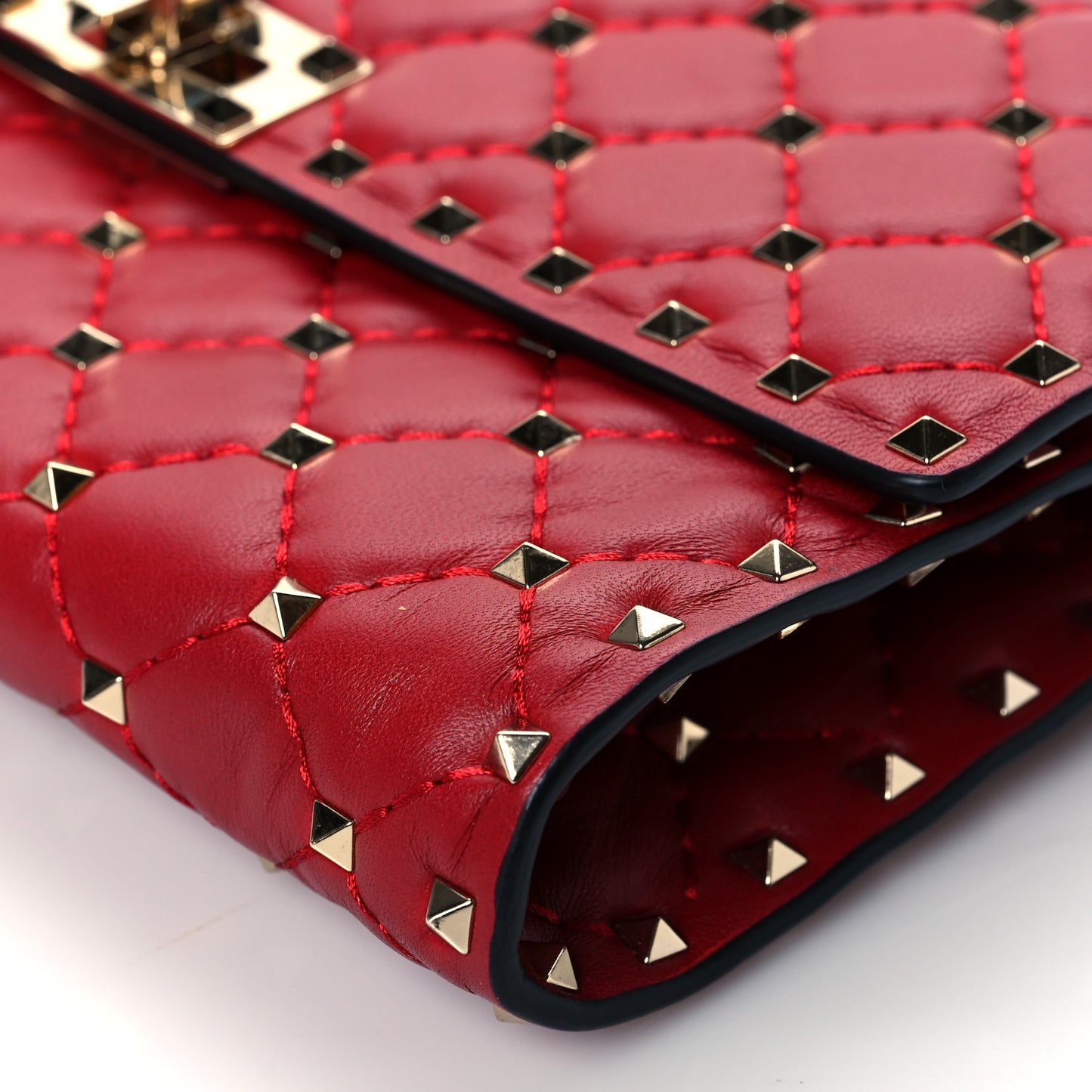 Lambskin Rockstud Spike Wallet on Chain Red