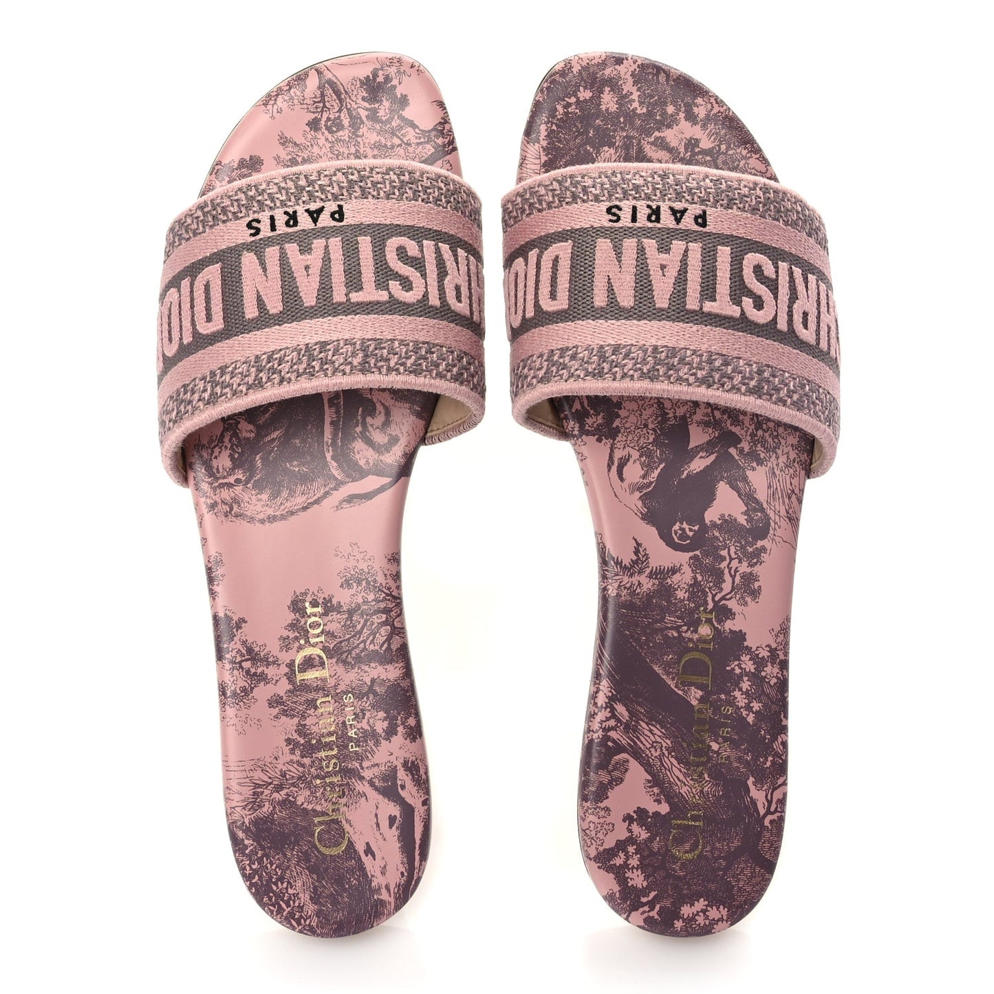 Canvas Toile De Jouy Embroidered Dway Flat Slide Sandals 35.5 Chateau Rose
