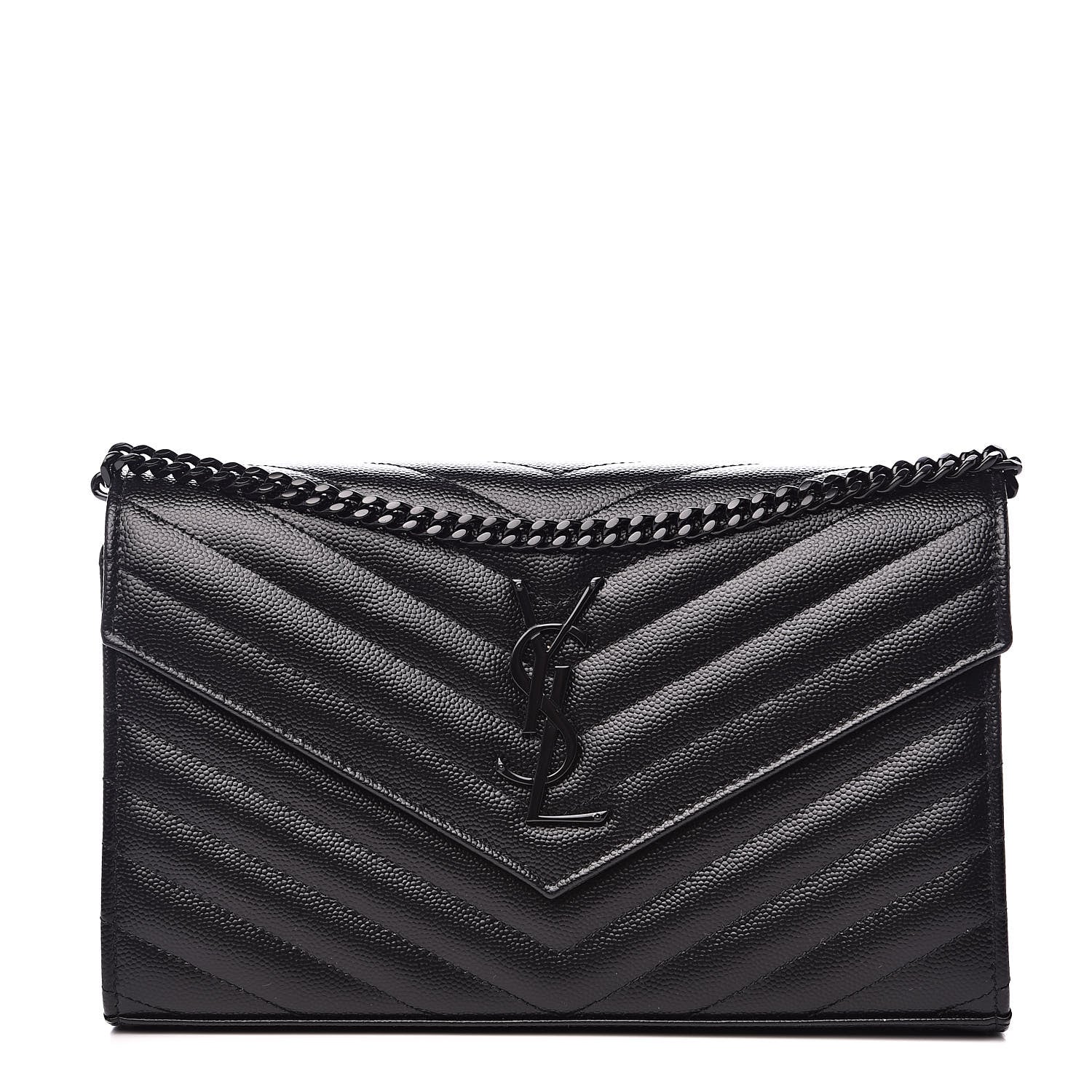 Saint Laurent Grain De Poudre Matelasse Chevron Monogram Chain Wallet Black 1 of 10
