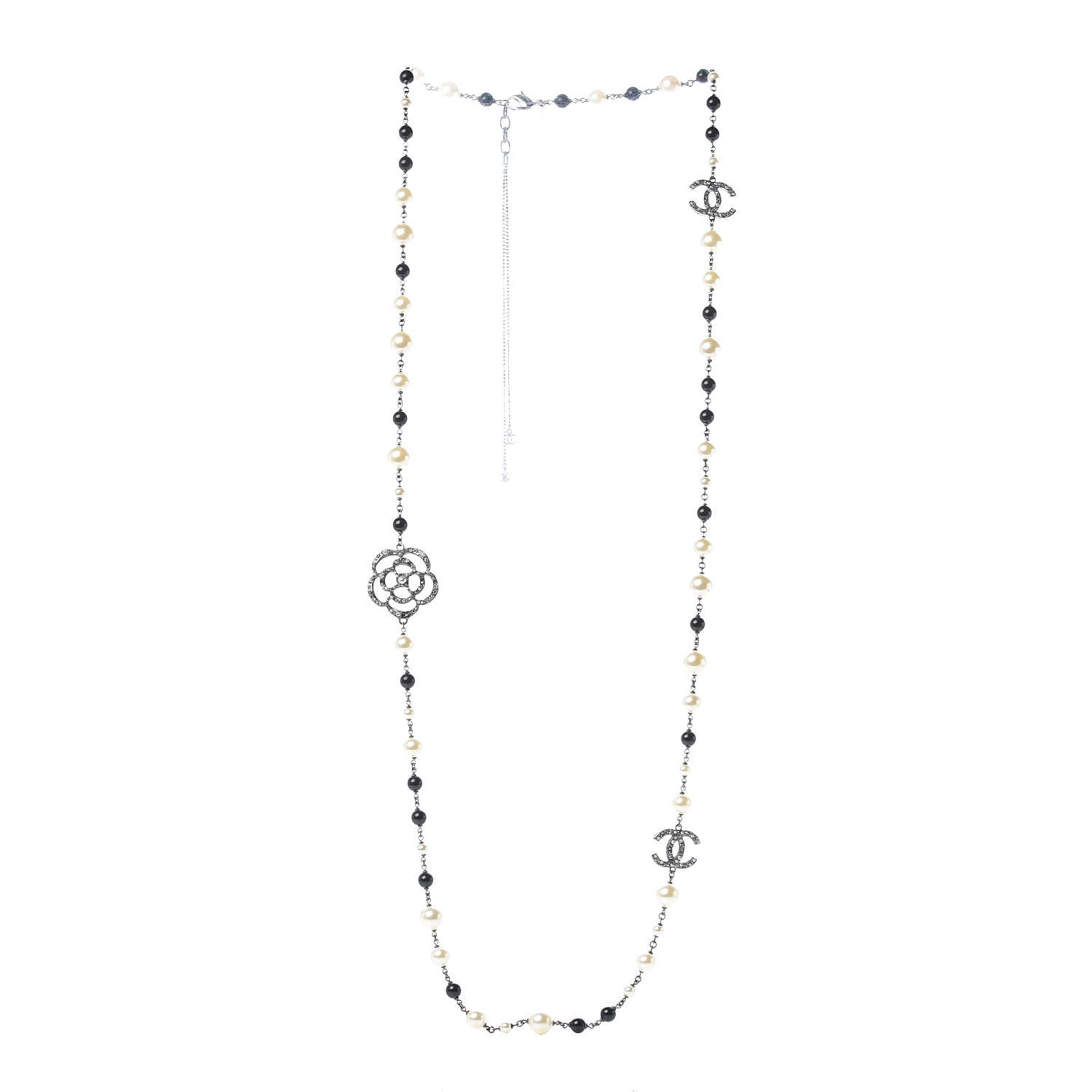 Chanel Pearl Crystal Camellia CC Long Necklace Silver 3 of 5
