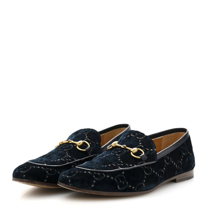 Gucci Velvet GG Monogram Horsebit Mens Jordaan Loafers 8.5 Blue Beige 4 of 7