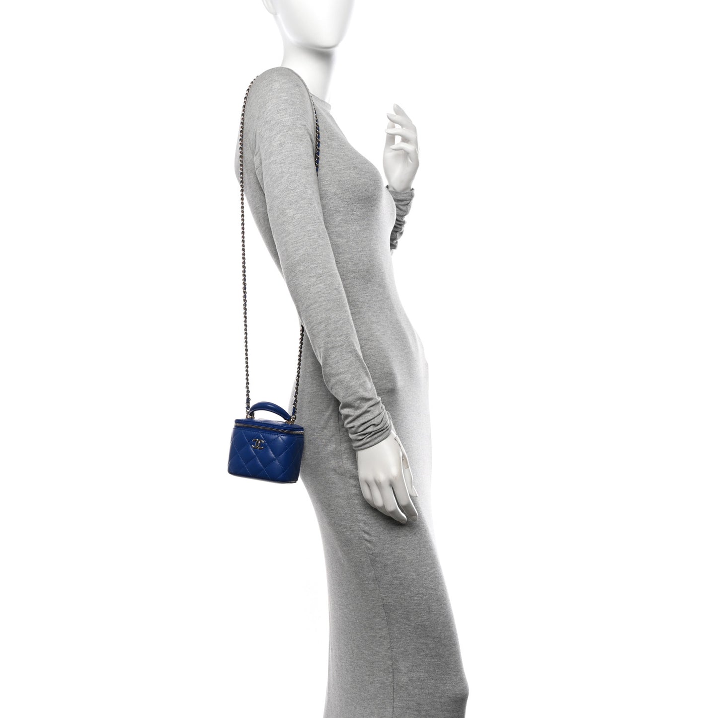 Lambskin Quilted Top Handle Mini Vanity Case With Chain Blue