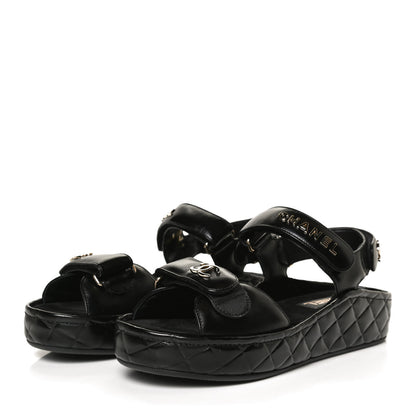 Chanel Shiny Calfskin Logo Platform Sandals 38 Black 3 of 13