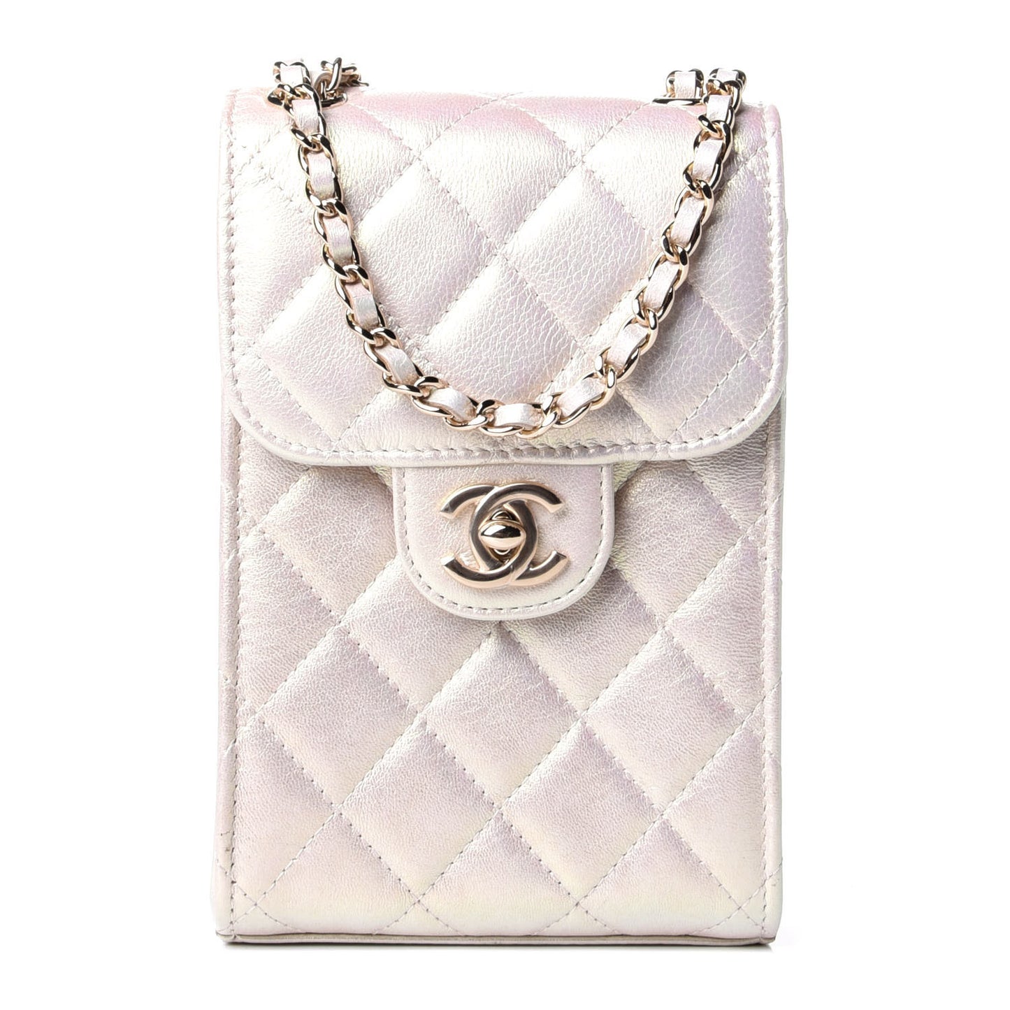 Iridescent Lambskin Quilted CC Phone Holder Ivory