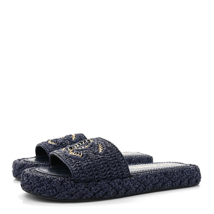 Chanel Braided Cord CC Espadrille Slip On Sandals 37 Navy Blue 3 of 9