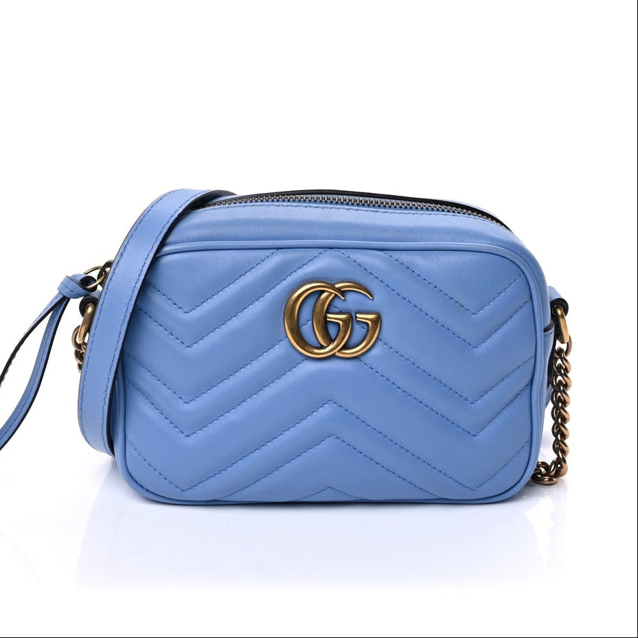 Calfskin Matelasse Mini GG Marmont Chain Shoulder Bag Clear Sky Blue