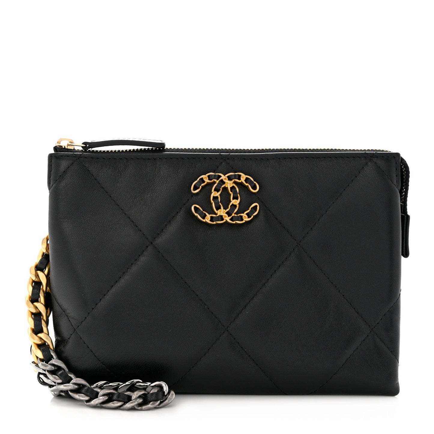 Shiny Goatskin Quilted Small Chanel 19 Pouch With Handle Black