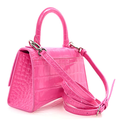 Balenciaga Shiny Calfskin Crocodile Embossed Hourglass Top Handle Bag XS Neon Pink 3 of 5