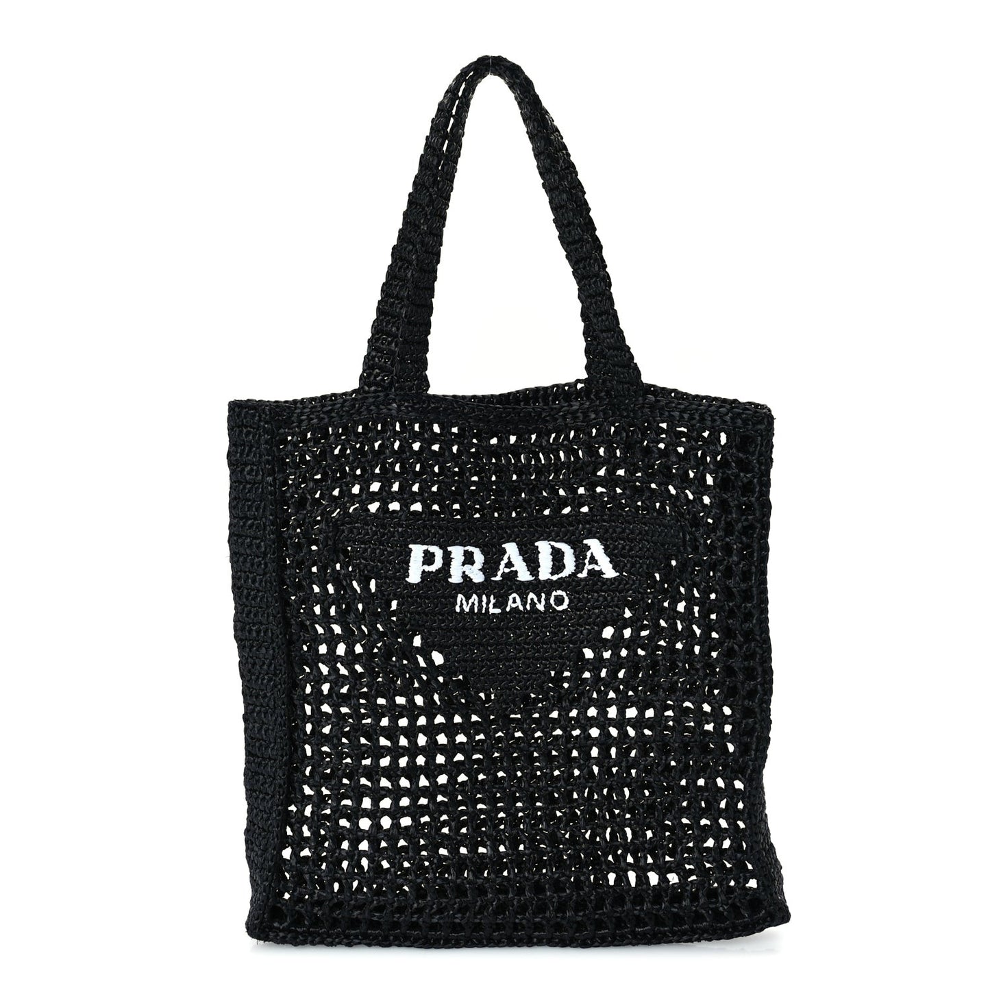 Yarn Raffia Effect Crochet Logo Embroidered Tote Bag  Black