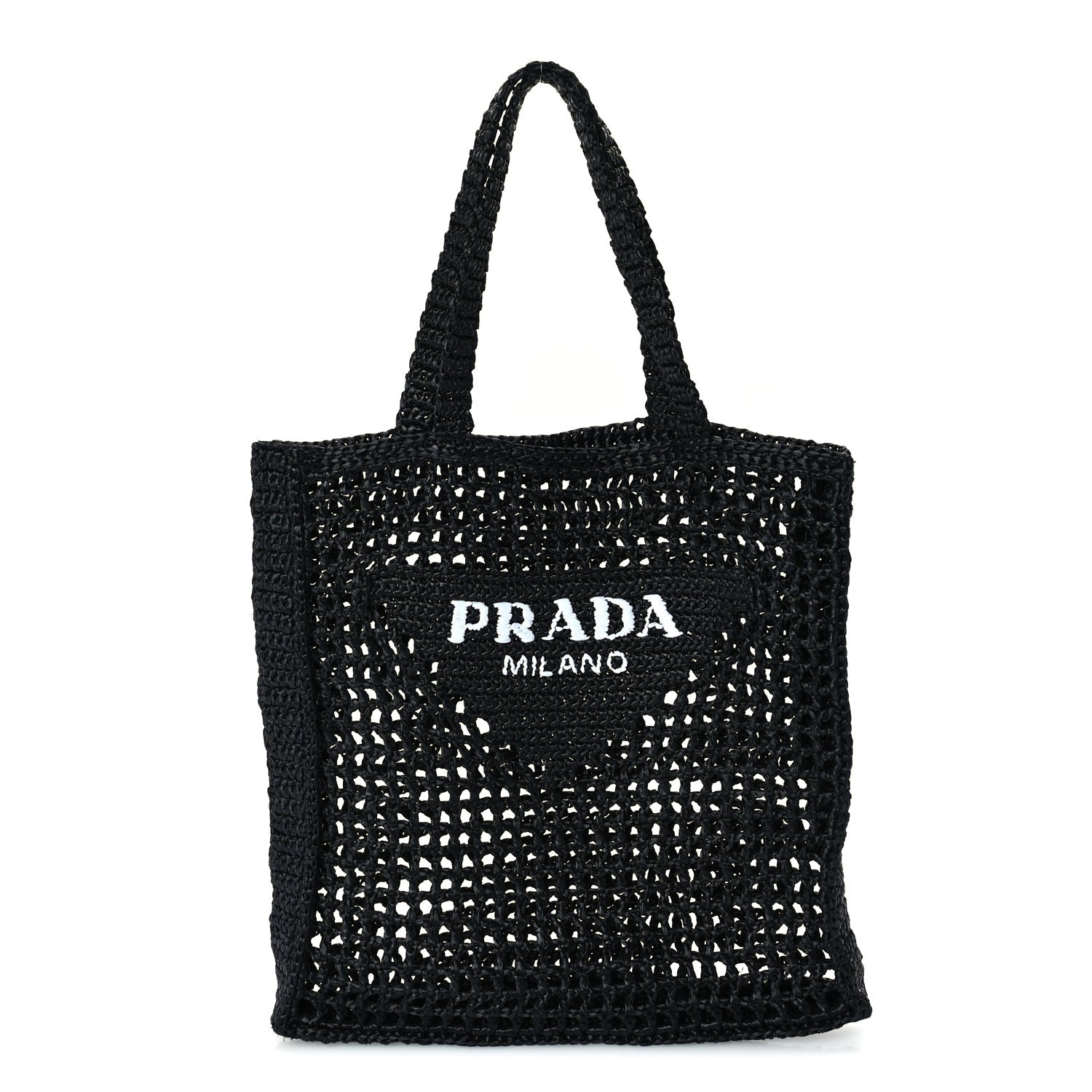 Prada Yarn Raffia Effect Crochet Logo Embroidered Tote Bag  Black 1 of 8