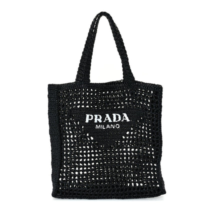 Prada Yarn Raffia Effect Crochet Logo Embroidered Tote Bag  Black 1 of 8