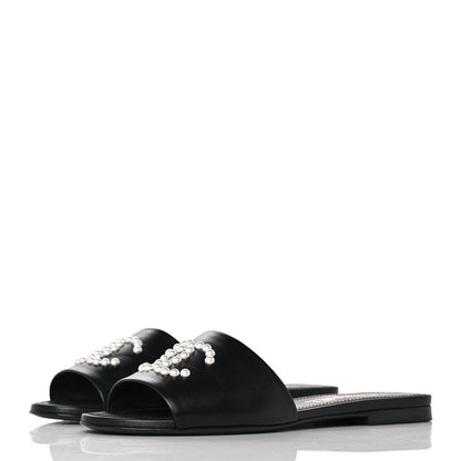 Chanel Lambskin Pearl CC Sandals 37 Black 3 of 9