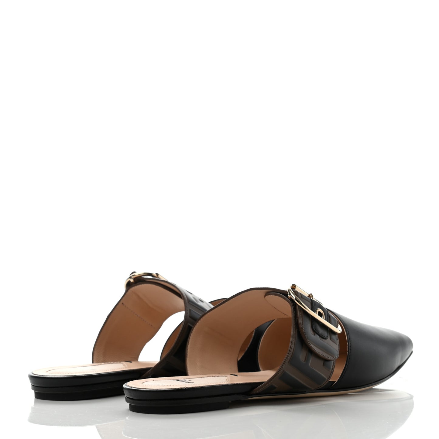 Vitello FF Embossed Buckle Flat Mules 37 Maya Black