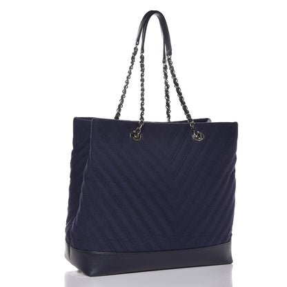 Chanel Canvas Caviar Chevron Shopper Tote Navy Blue 3 of 7
