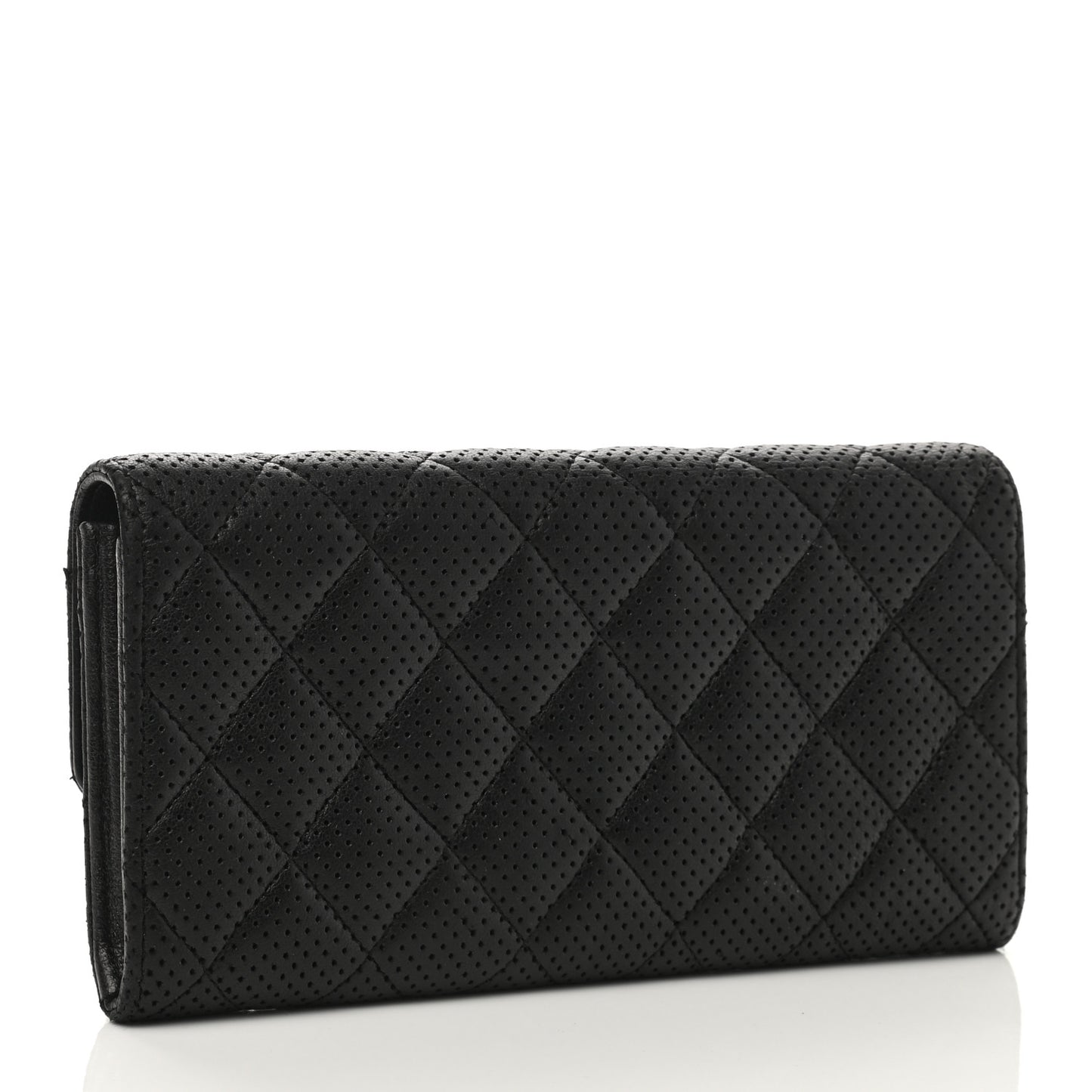 Perforated Lambskin Quilted Large Gusset Flap Wallet Black