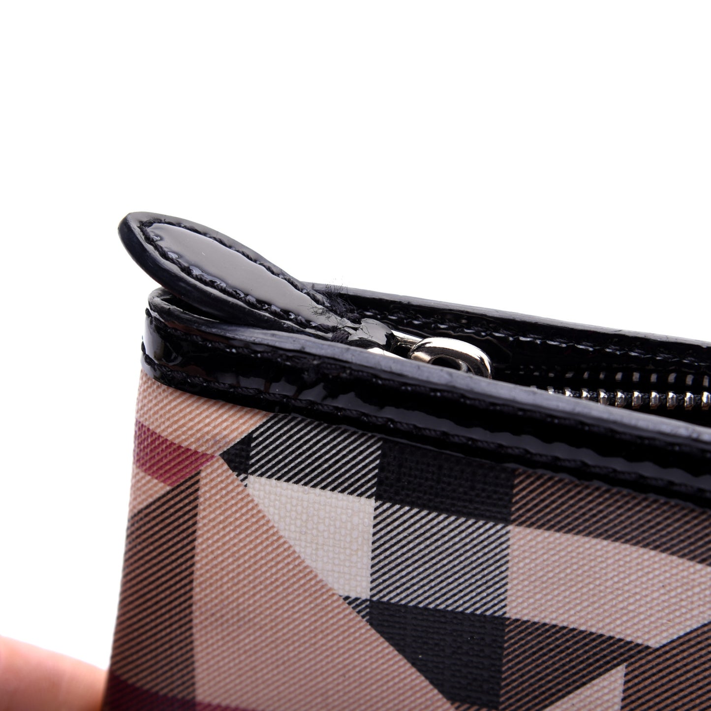 Patchwork Check Patent Wristlet Pouch Black
