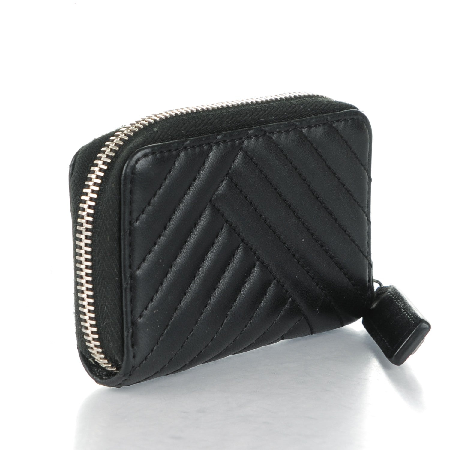 Chanel Lambskin Chevron Zip Around Coin Purse Wallet Black 3 of 7