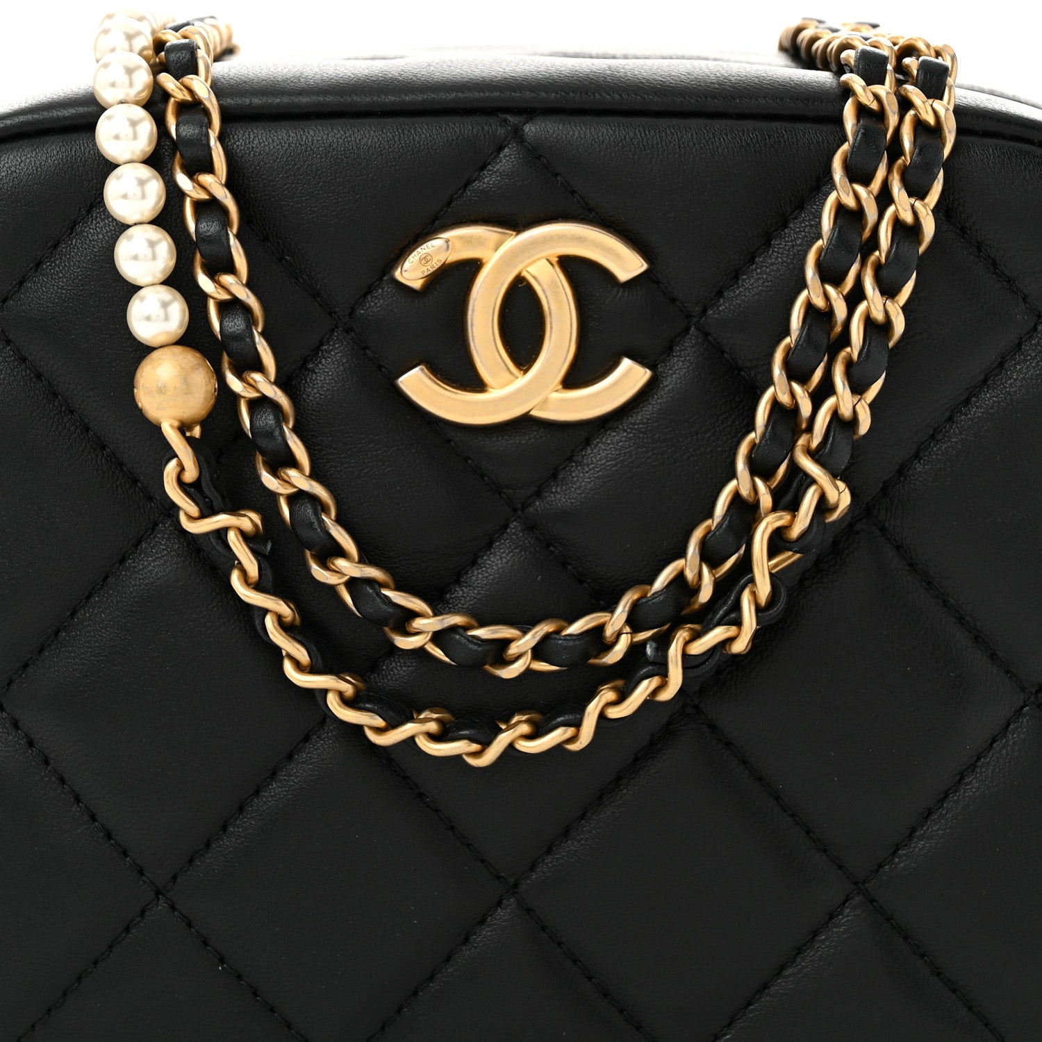 Chanel Lambskin Quilted Pearl Chain Camera Case Black 7 of 10
