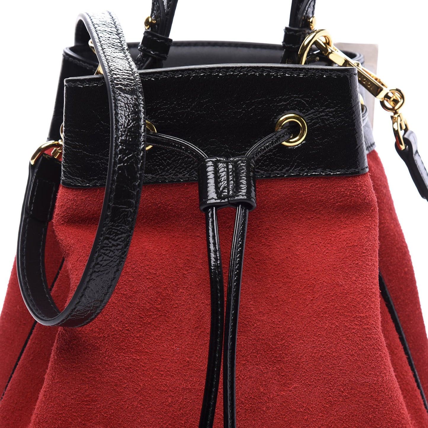Suede Patent Web Small Ophidia Bucket Bag Hibiscus Red Black