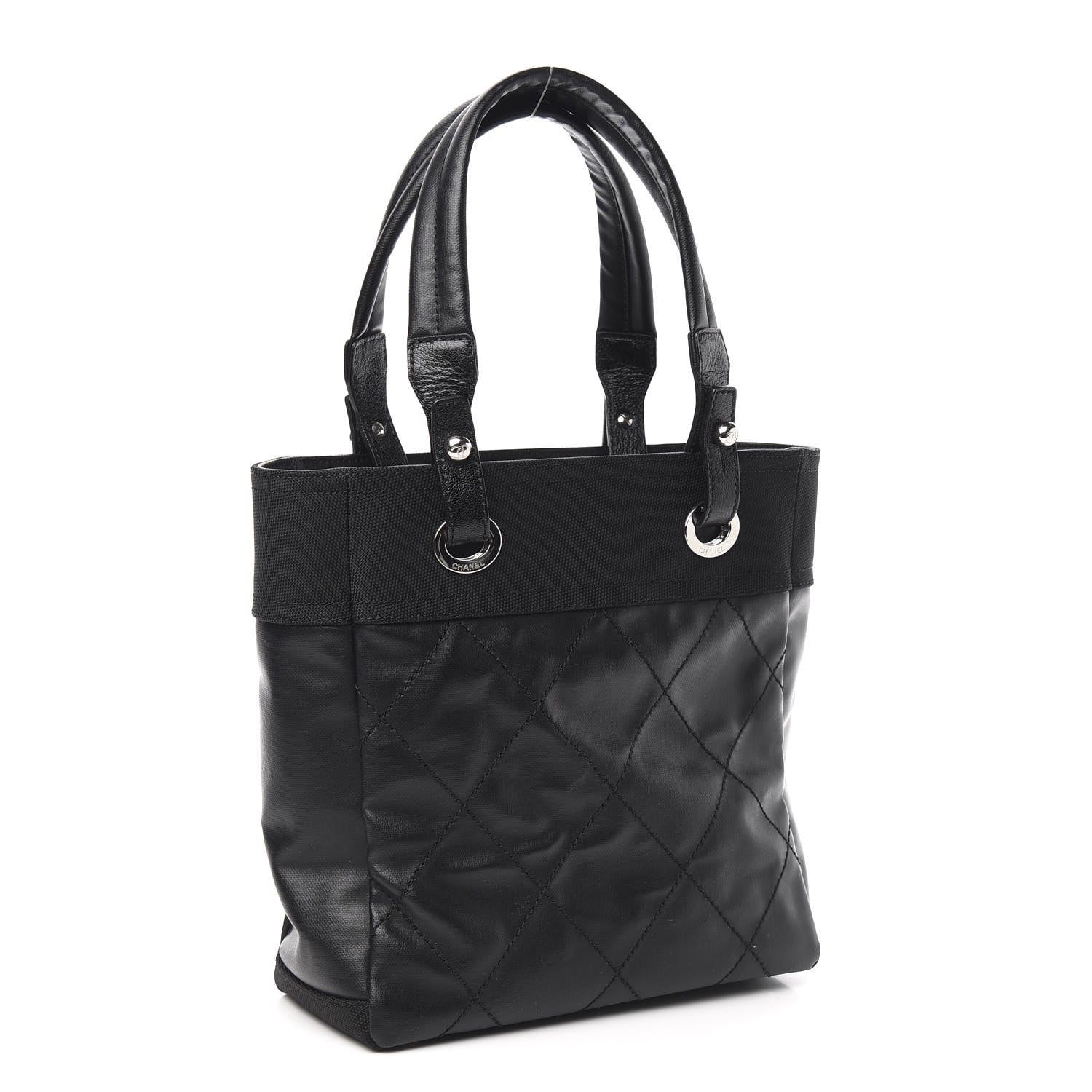 Chanel Coated Canvas Quilted Small Paris Biarritz Tote Black 2 of 9