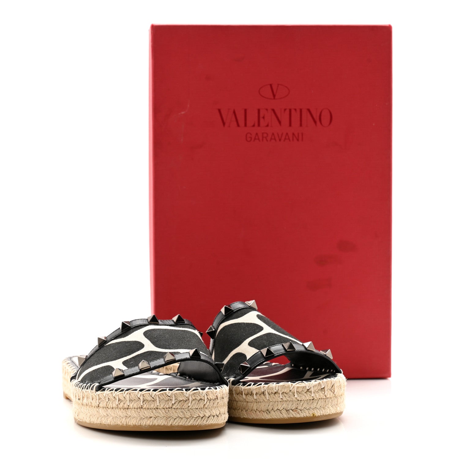 Valentino Garavani Canvas Giraffe Rockstud Espadrille Flat Slide Sandals 39 Black White 9 of 9