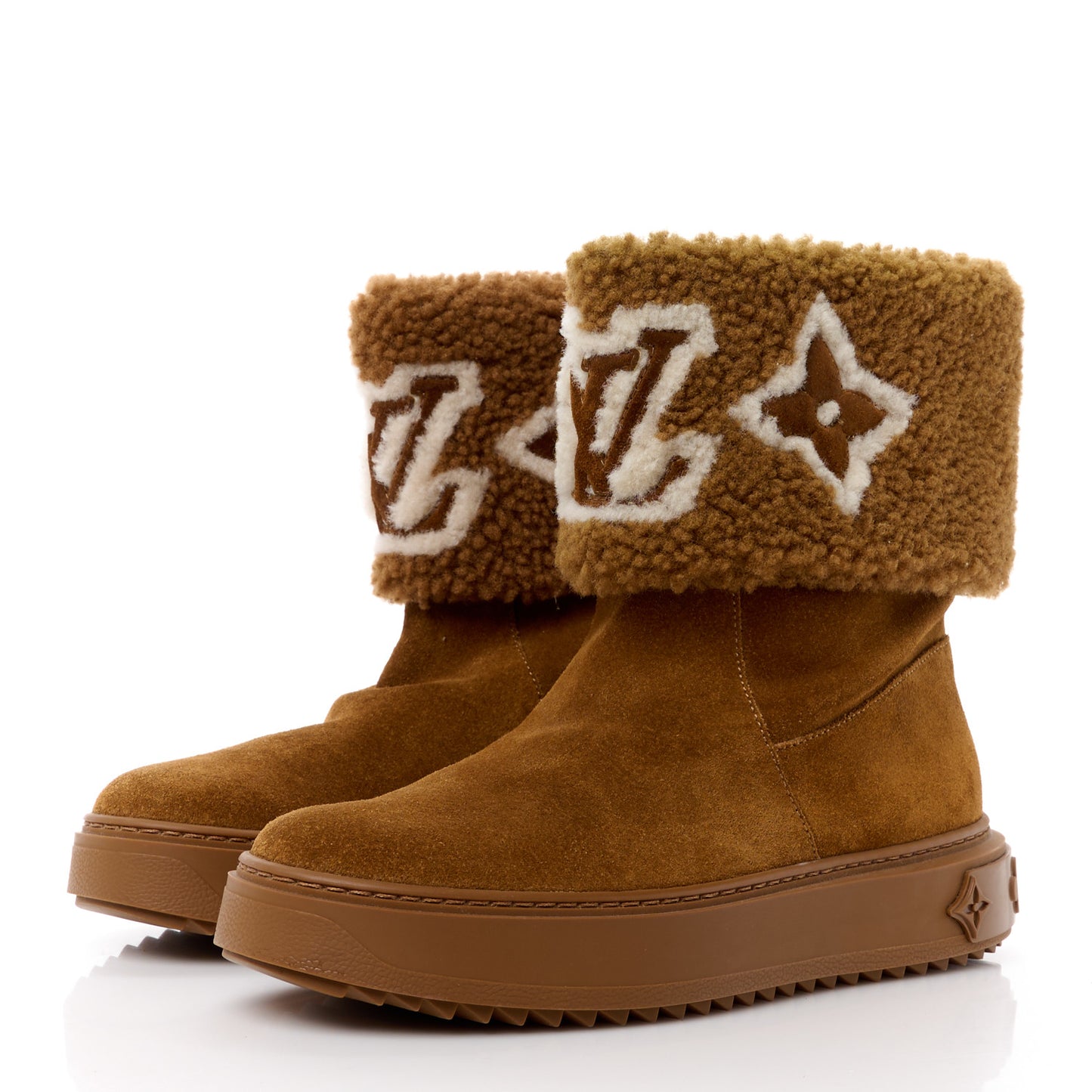 Suede Calfskin Shearling Snowdrop Flat Ankle Boot 37 Cognac