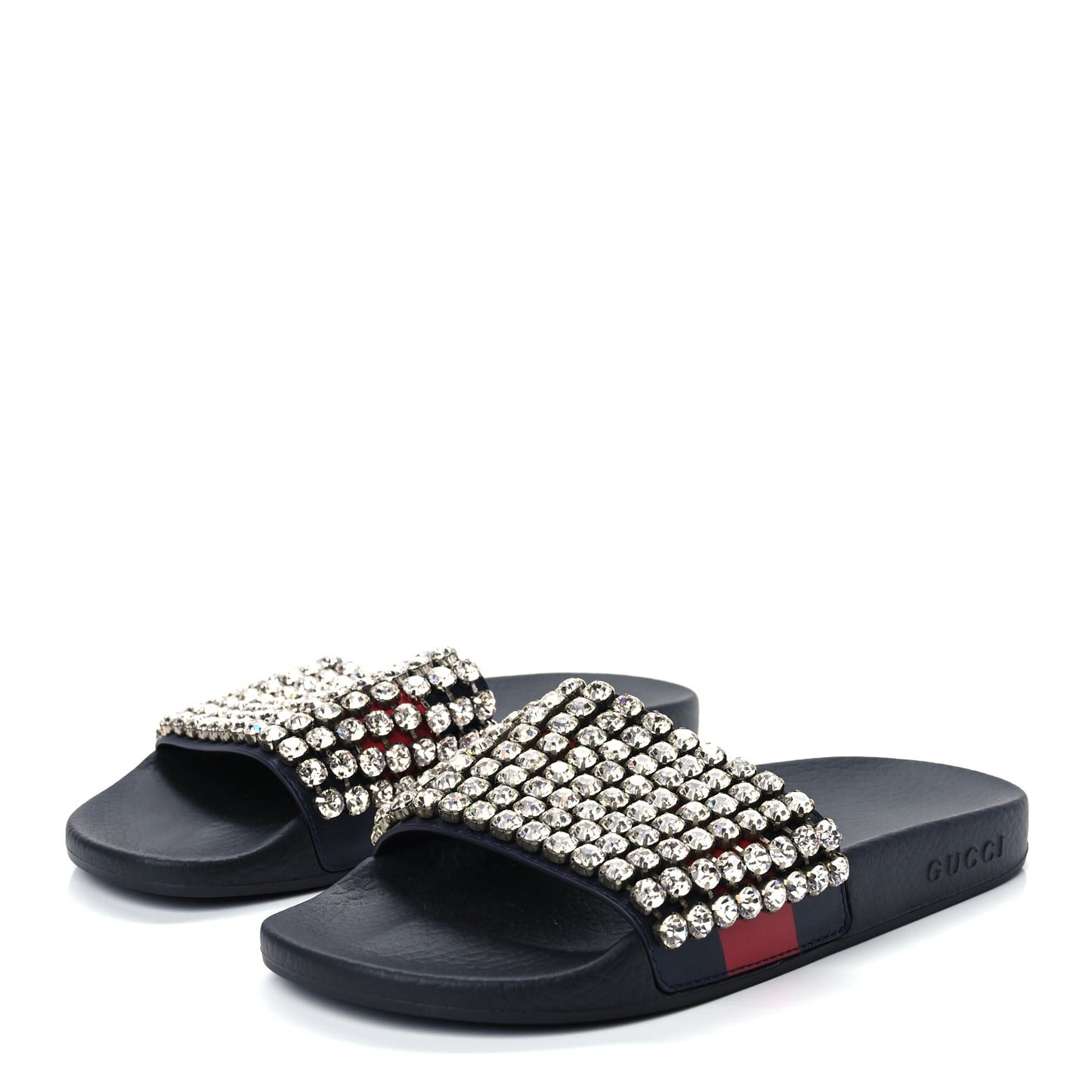 Calfskin Crystal Embellished Web Slide Sandals 38 Blue Red