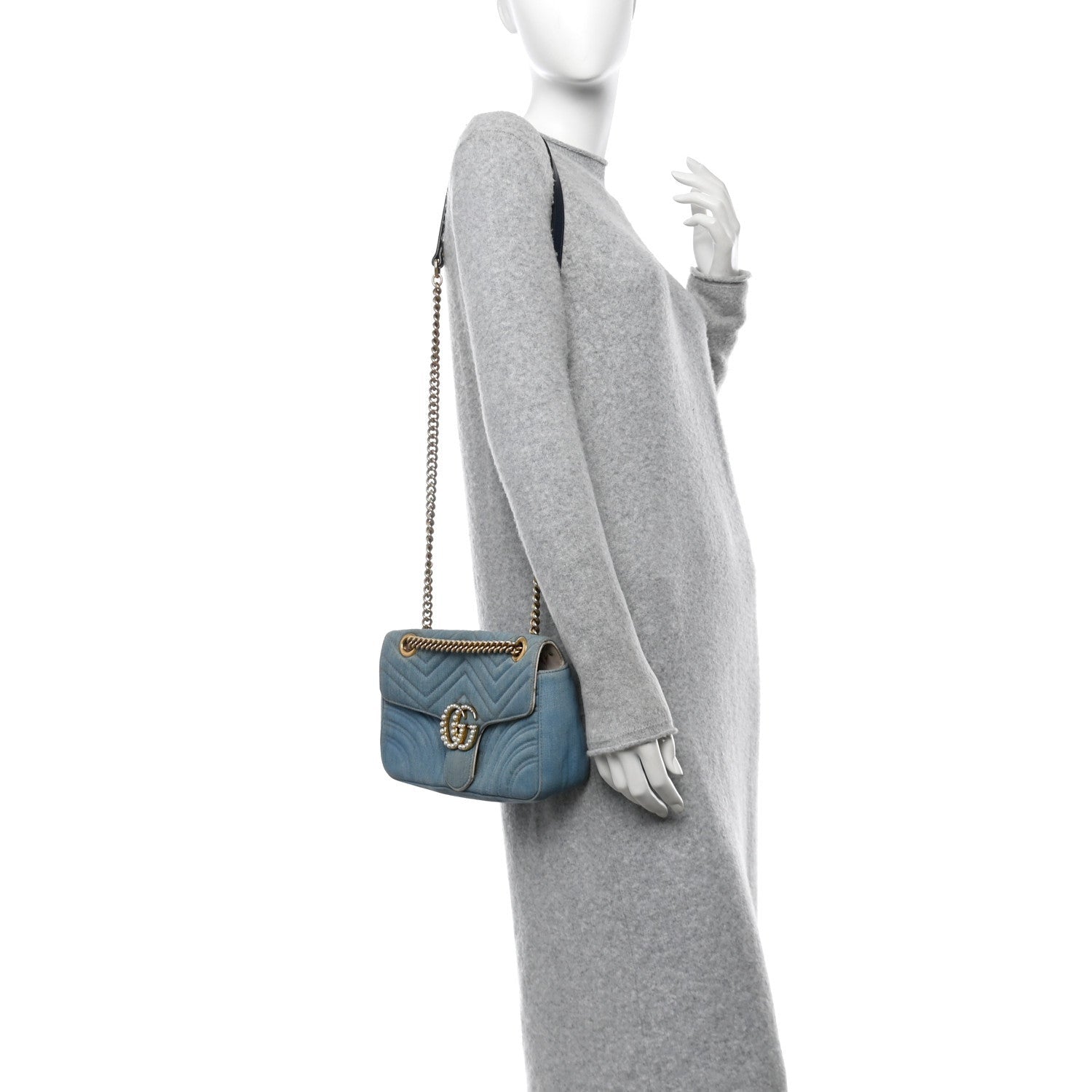 Gucci Denim Matelasse Small Pearly GG Marmont Shoulder Bag Blue 2 of 7