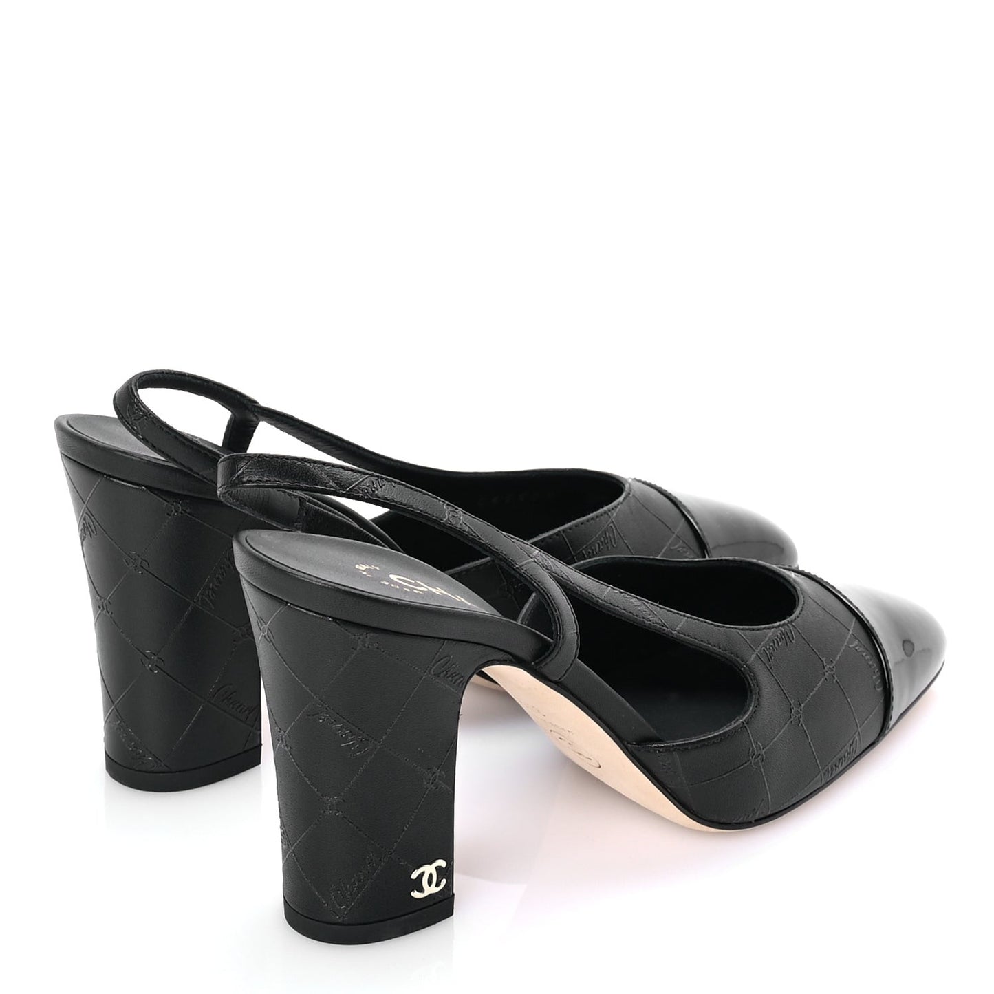 Lambskin Patent Calfskin Quilted Cap Toe Coco CC Slingback Pumps 37.5  Black