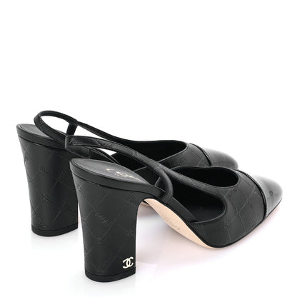 Chanel Lambskin Patent Calfskin Quilted Cap Toe Coco CC Slingback Pumps 37.5  Black 4 of 8