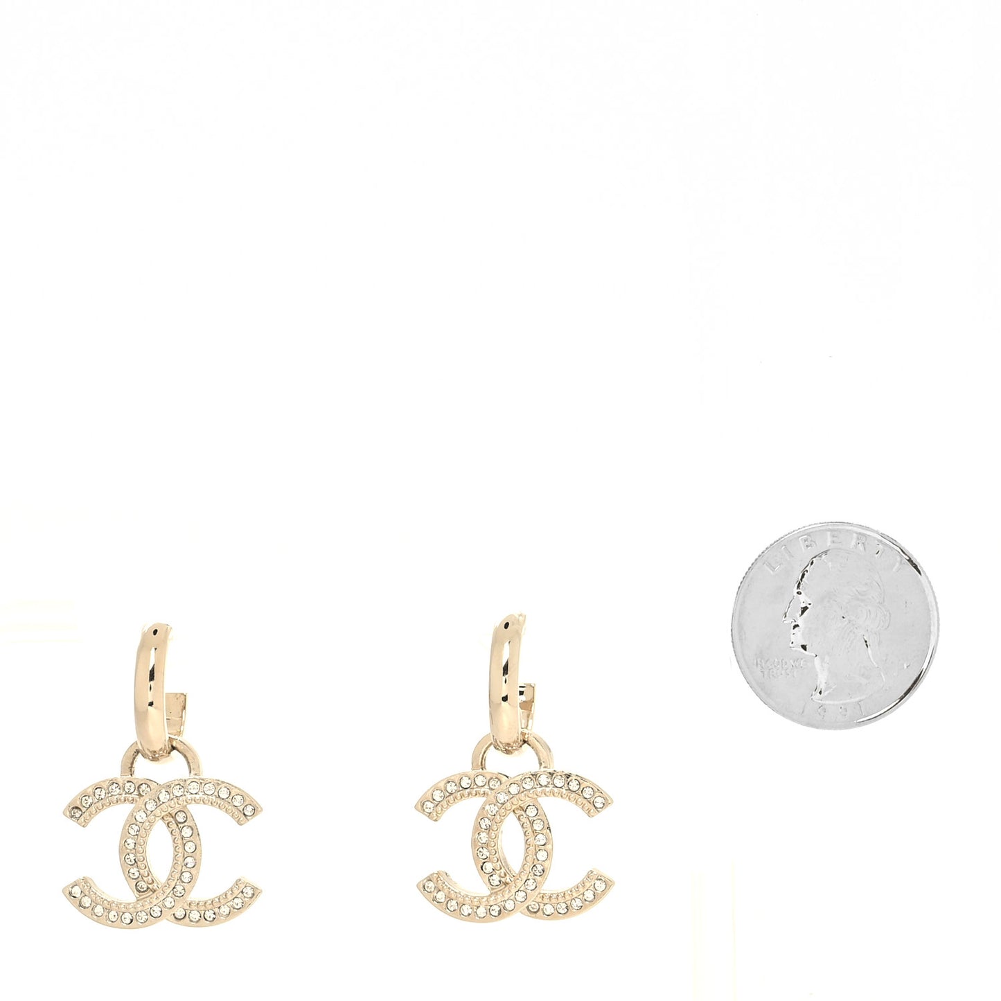 Metal Crystal Studded CC Hoop Drop Earrings Gold