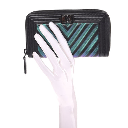 Chanel Calfskin Painted Chevron Embossed Small Boy Zip Wallet Black 2 of 9