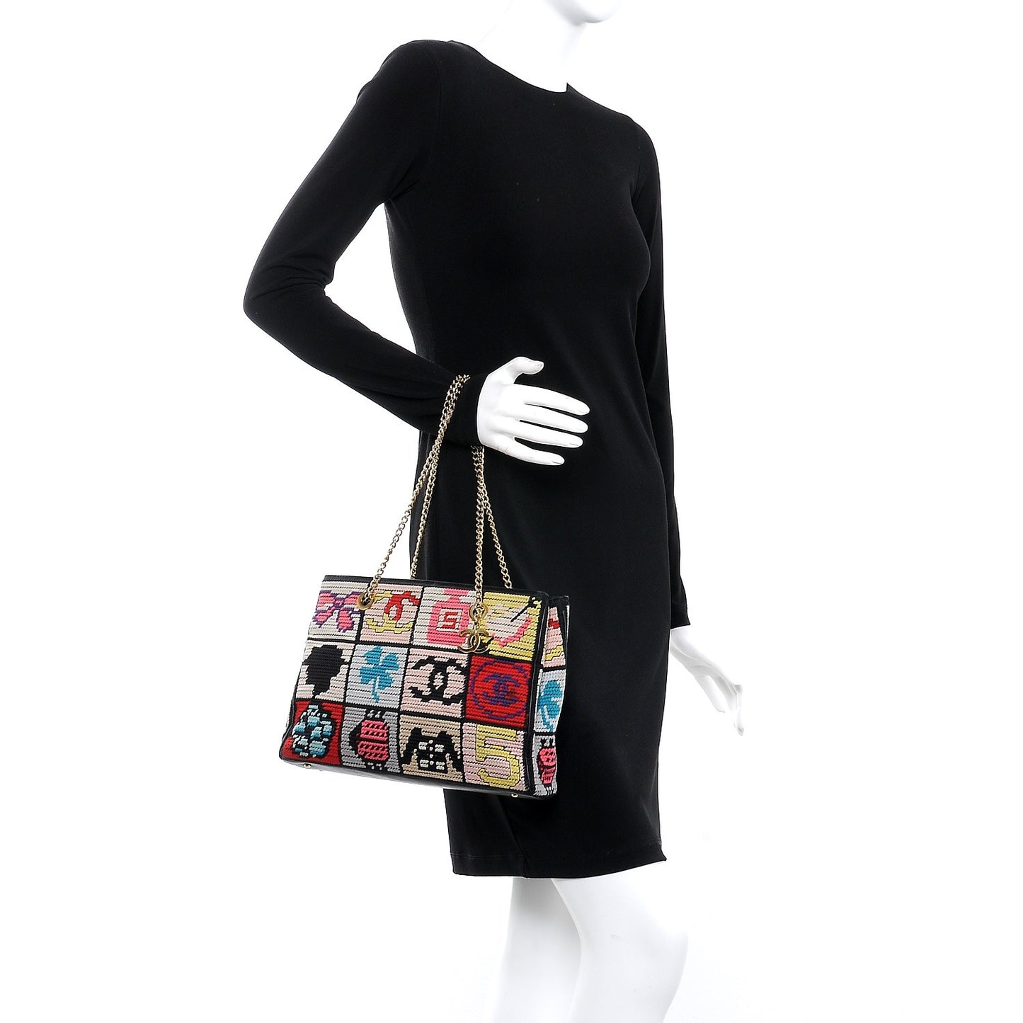 Needlepoint Precious Symbols Shoulder Bag Black