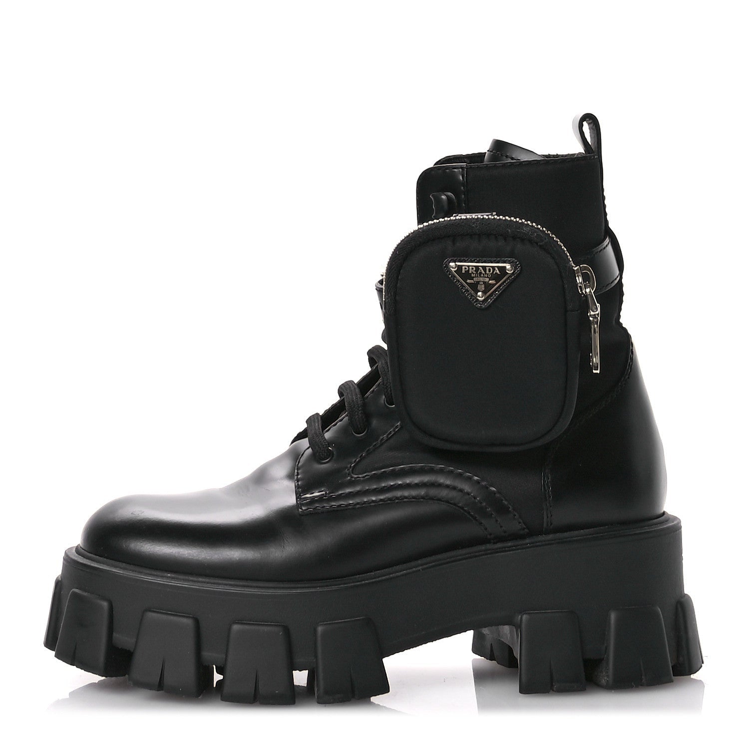 Prada Spazzolato Rois Re-Nylon Metal Triangle Logo Monolith Pouch Pocket 55mm Boots 35.5 Black 1 of 7