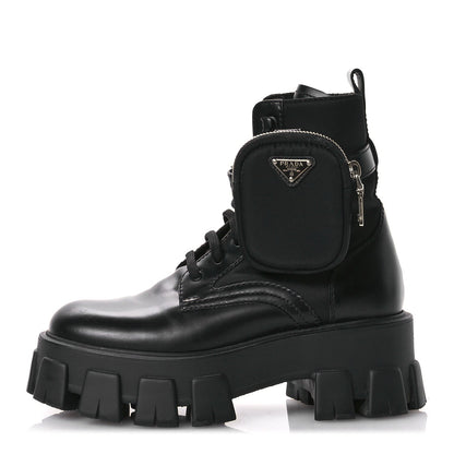 Prada Spazzolato Rois Re-Nylon Metal Triangle Logo Monolith Pouch Pocket 55mm Boots 35.5 Black 1 of 7