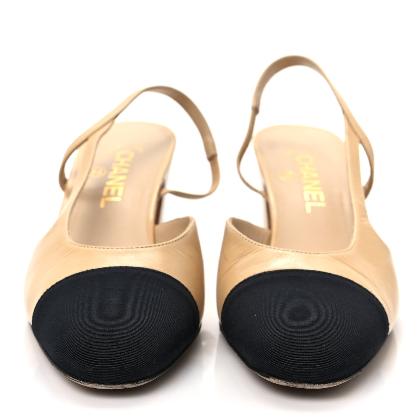 Lambskin Grosgrain Cap Toe CC Slingback Pumps 38.5 Beige Black