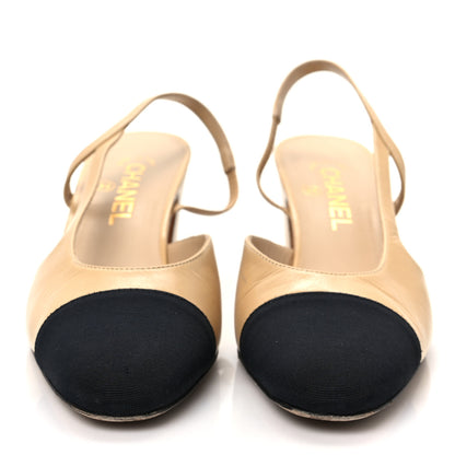 Chanel Lambskin Grosgrain Cap Toe CC Slingback Pumps 38.5 Beige Black 2 of 7