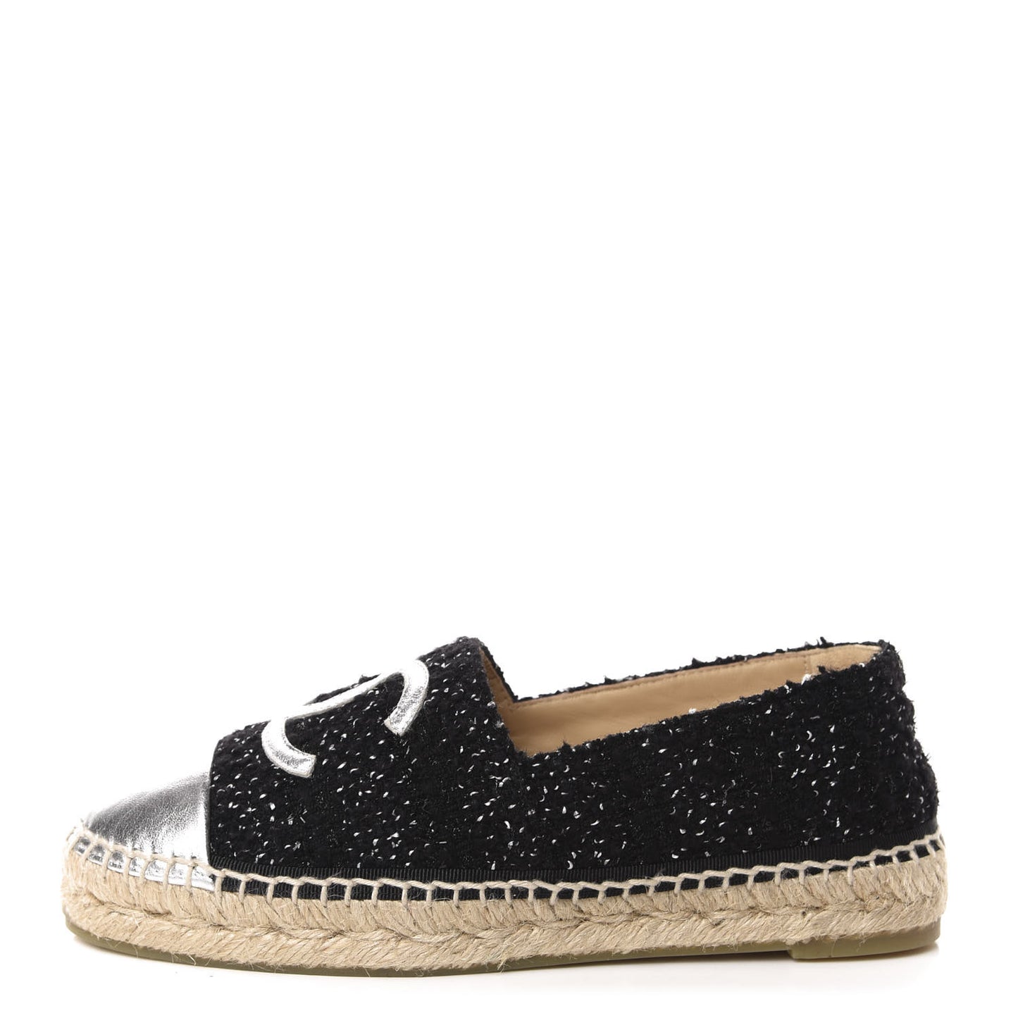 Metallic Lambskin Tweed CC Espadrilles 36 Black Silver