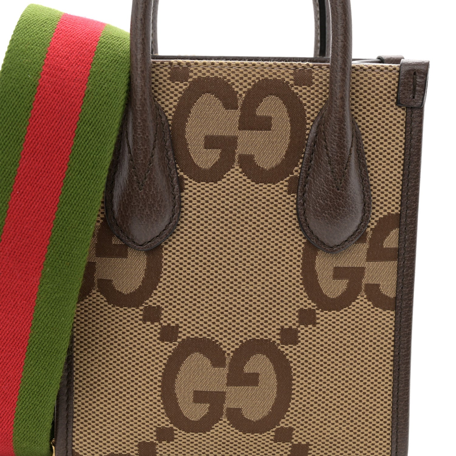 Gucci Monogram Jumbo GG Textured Dollar Calfskin Web Mini Vertical Tote Camel Ebony New Acero 7 of 9