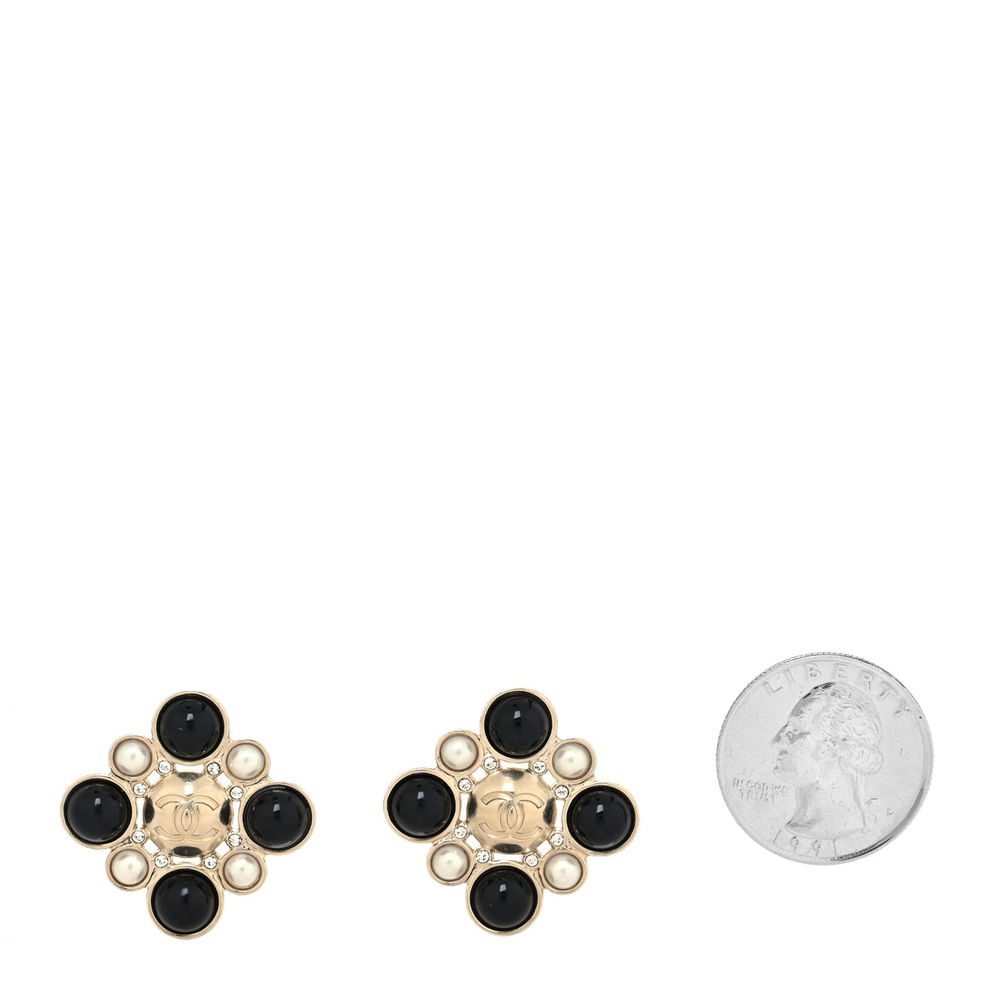 Enamel Pearl Crystal CC Earrings Black Gold