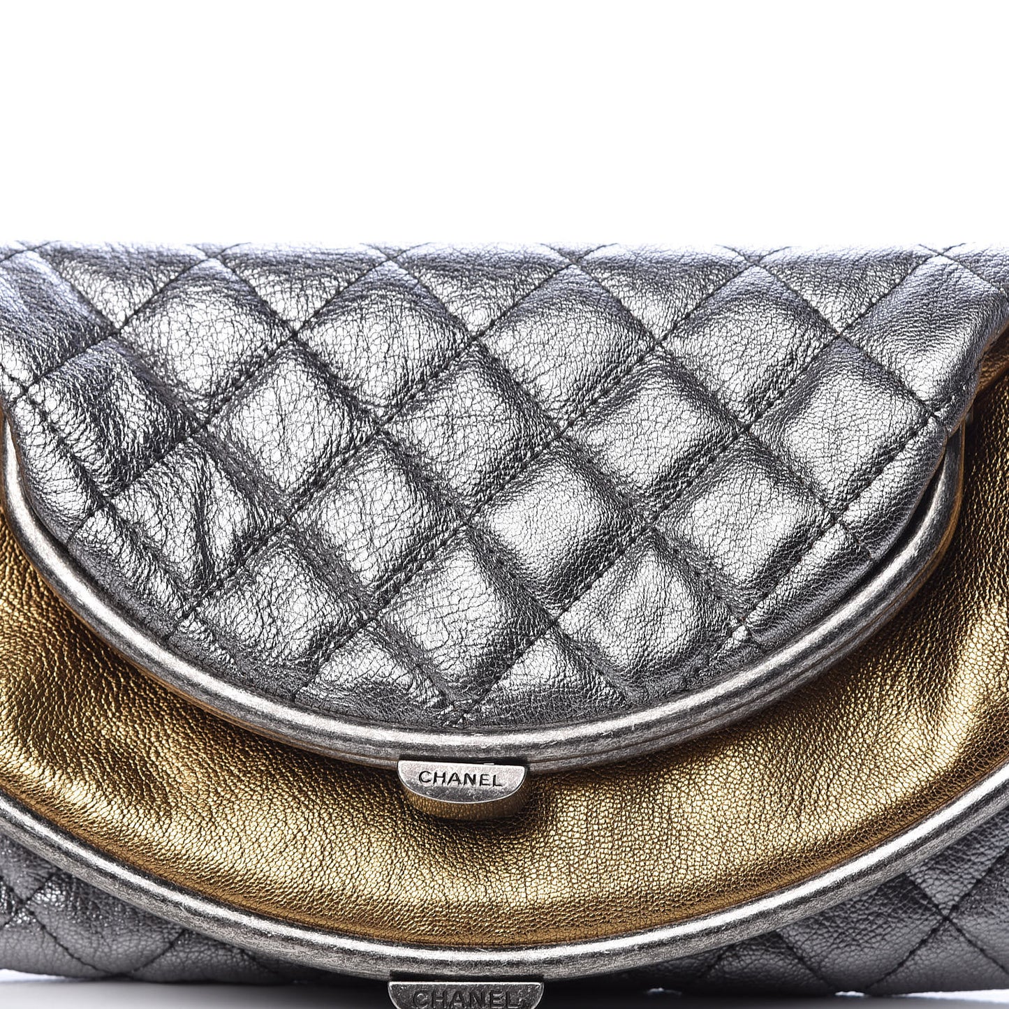 Metallic Goatskin Quilted Frame Clasp Flap Clutch Silver Gold