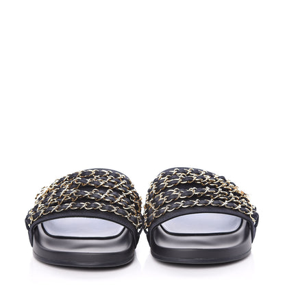 Chanel Satin Chain Slides Sandals Flats 37 Marine 2 of 11