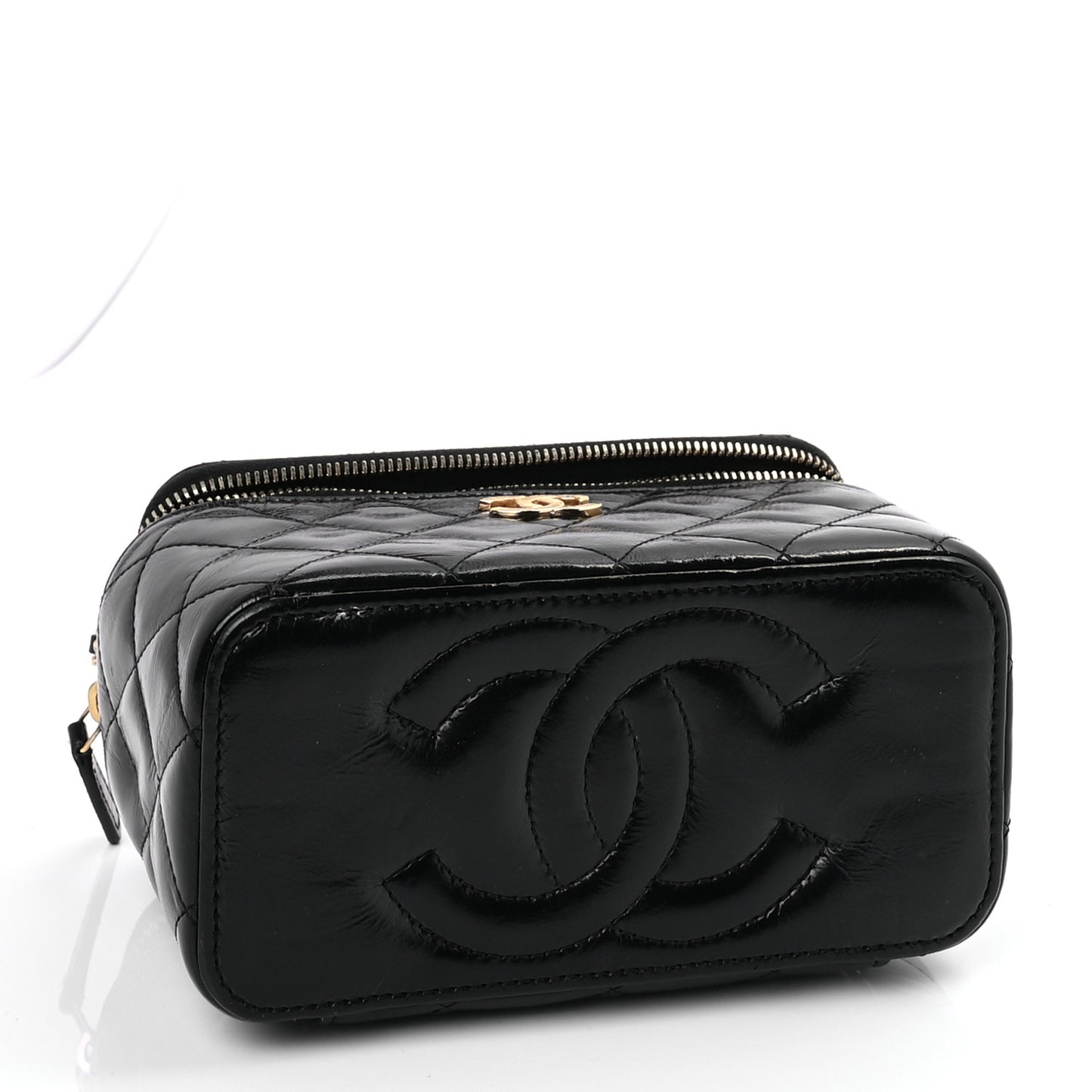 Shiny Lambskin Quilted Small Vanity Case With Chain Black