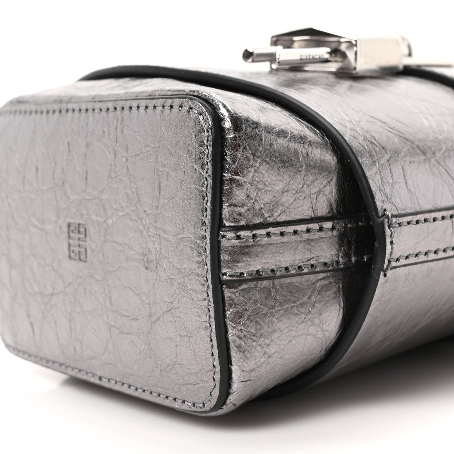 Laminated Lambskin Micro Shark Lock Bucket Bag Silvery Grey