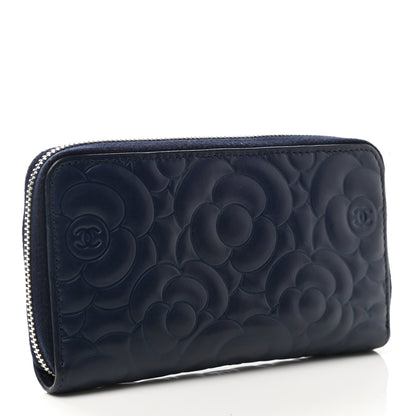 Chanel Lambskin Camellia Embossed Medium Zip Around Wallet Navy 3 of 8