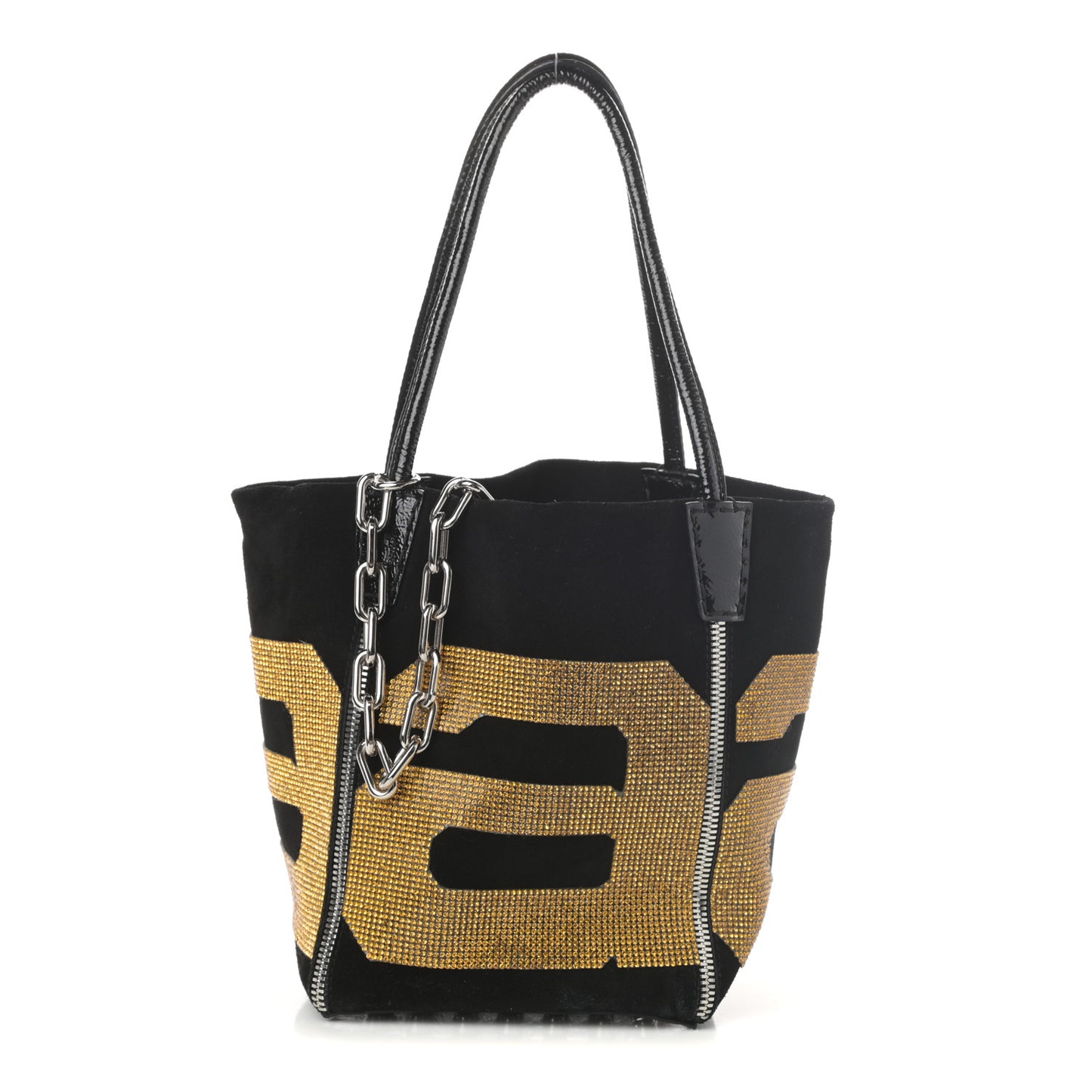 Suede Crystal Embellished Logo Roxy Tote Black