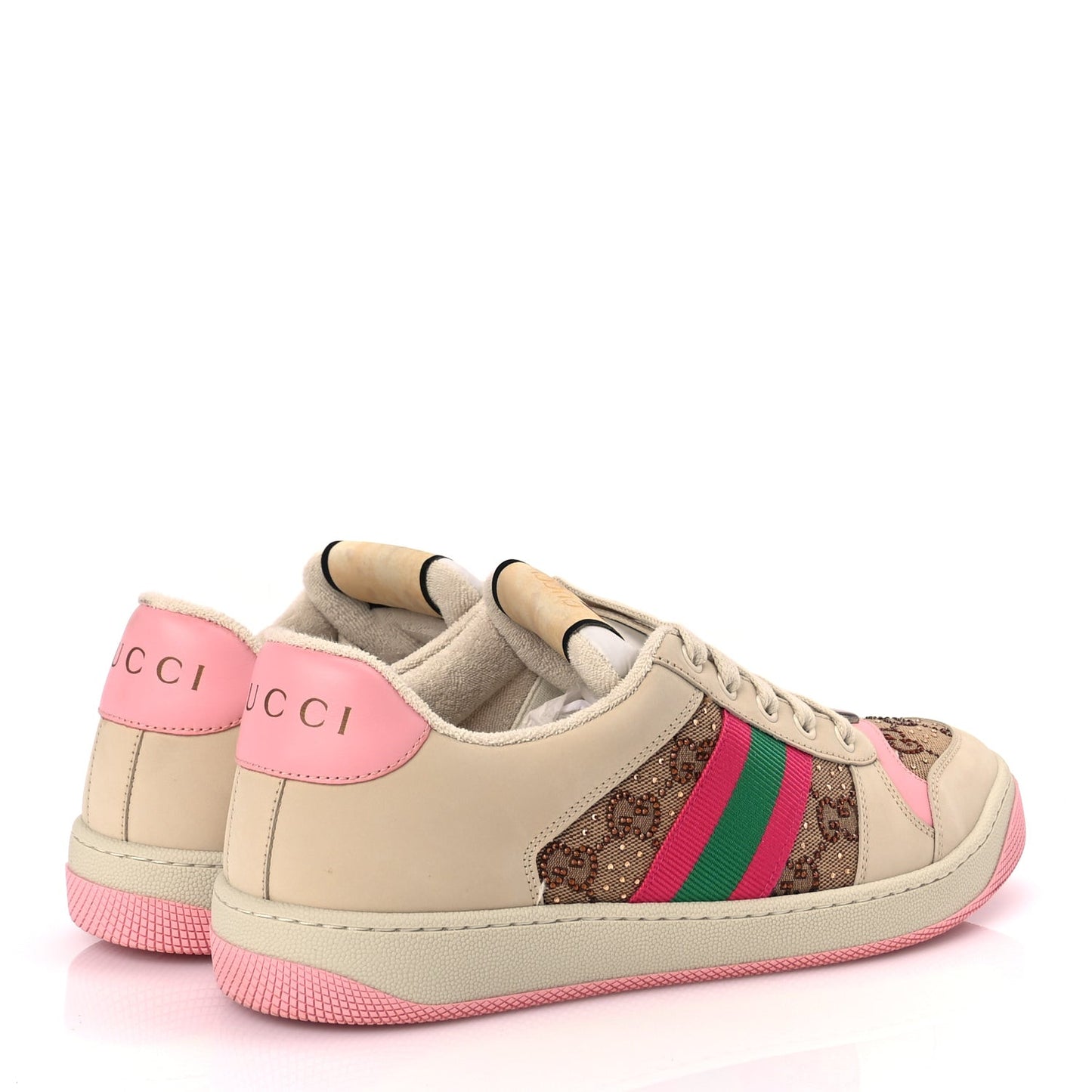 Calfskin GG Supreme Crystals Web Screener Sneakers Beige Ebony Wild Rose