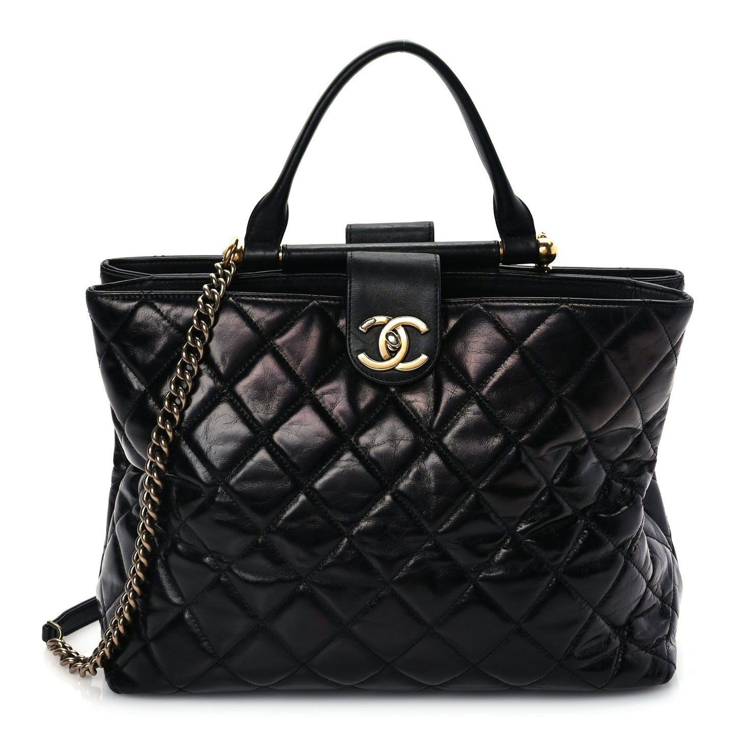 Glazed Calfskin Quilted Gold Bar Tote Black