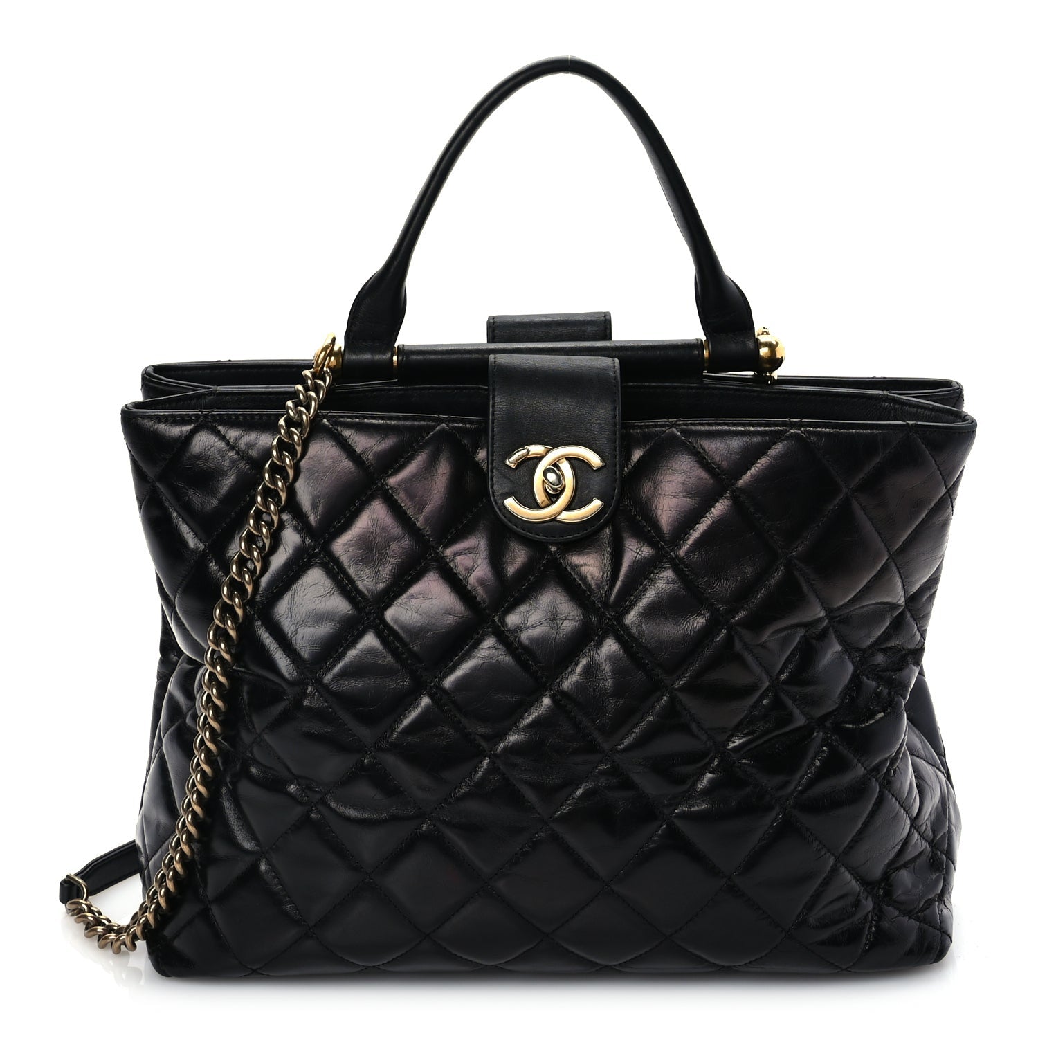 Chanel Glazed Calfskin Quilted Gold Bar Tote Black 1 of 4